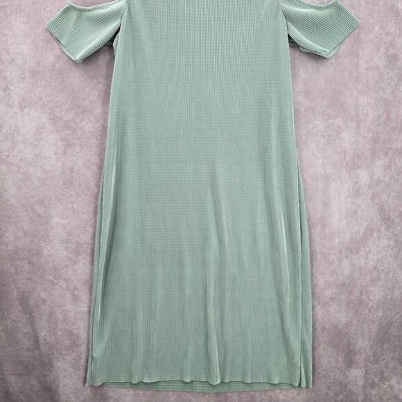Belle Sky Green Mint Pleated Cold Short Shoulder Knee Length Boho Dress Large - Picture 8 of 8